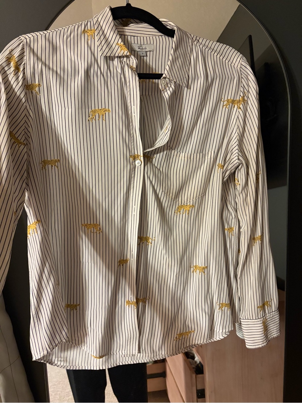 Rails Kathryn Button-Down Shirt with Black Pinstripes and Gold Leopard Moti